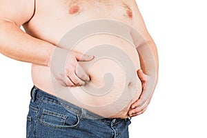 Fat man checking out his weight, isolated on white background.