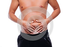 Young Fat man checking out his weight isolated on white background. Start of fat of young people.