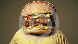 Fat man with cheeseburger head. Concept of fast food, unhealthy eating, appetite, surreal art, and humor