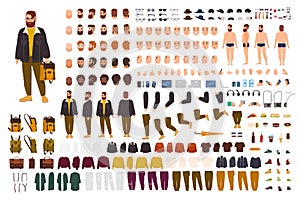 Fat man creation set or DIY kit. Collection of flat cartoon character body parts, face expressions, trendy hipster