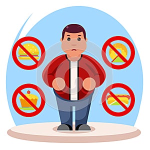 Fat man diet character health refusal junk food flat cartoon design vector illustration