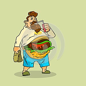 Fat Man Eat Burger Sandwich Soda Soft Drink Junk Unhealthy Fast Food Concept