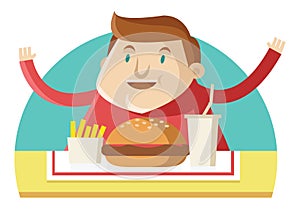 A fat man eating fast food