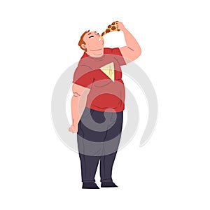 Fat Man Eating Pizza, Obese Guy Enjoying of Fast Food Dish, Unhealthy Diet and Lifestyle Vector Illustration