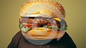 Fat man with hamburger head. Concept of fast food, unhealthy eating, appetite, surreal art, and humor