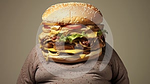 Fat man with hamburger head. Concept of fast food, unhealthy eating, appetite, surreal art, and humor