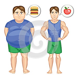 The fat man with hamburger and slim man with apple.