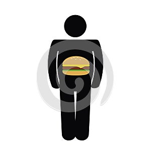 Fat man have an unhealthy fast food burger in the belly pictogram