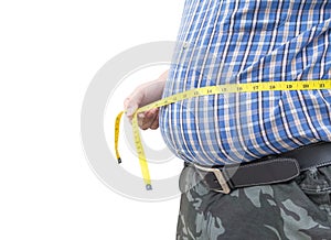 Fat man holding a measurement tape isolated