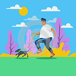 Fat man jogging with his dog, Running outdoor park with dog