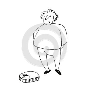 A fat man looks at the scales, a funny character, hand drawn vector illustration