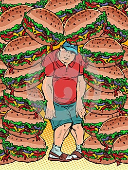 Fat man and lots of burgers. Food addiction, health and excess weight