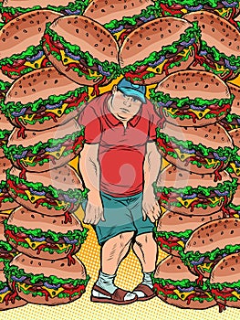 Fat man and lots of burgers. Food addiction, health and excess weight photo