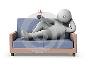 A fat man lying on the couch and zapping. He looks tired and lazy.
