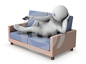 A fat man lying on the couch and zapping. He looks tired and lazy.