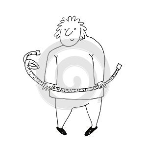 Fat man with the measuring tape, a funny character, hand drawn vector illustration