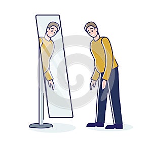 Fat man with overweight looking in mirror. Sad obese man looking at growing belly