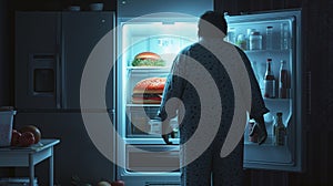 A fat man in pajamas stands in front of an open refrigerator at night and looks at a unhealthy food, seen from behind