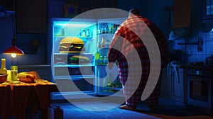 A fat man in pajamas stands in front of an open refrigerator at night and looks at a unhealthy food, seen from behind