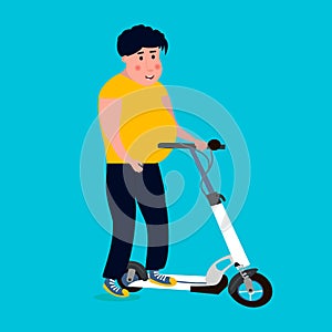 Fat man rides on the scooter. Vector illustration