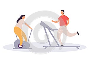 Fat man running on treadmill and fat woman on exercise bicycle. Cartoon character doing cardio training on exercise machine