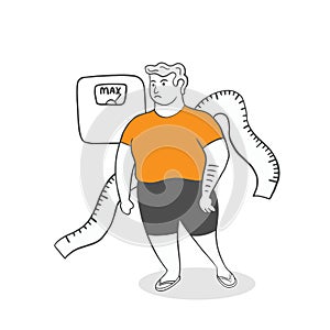 Fat man with scale and measurement line illustration with hand drawn sketch doodle style