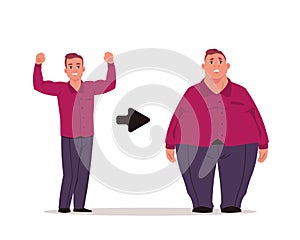 Fat man. Slim and overweight characters, before and after diet concept. Handsome athletic person eats unhealthy food and