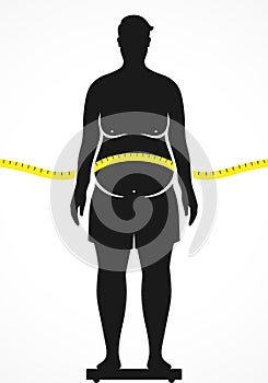 A fat man standing on scales with a tape measure around his body, vector illustration.