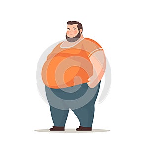 Fat man stands isolated on white background.