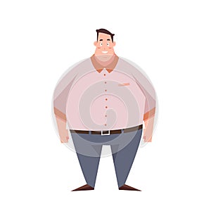 Fat man stands isolated on white background. Overweight man in cartoon style.