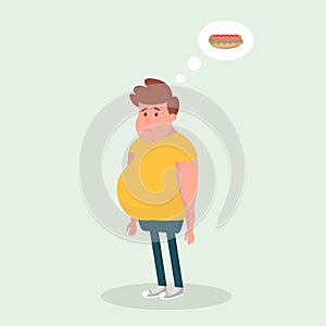 Fat man thinks about hot dog. Vector Illustration