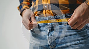 a fat man is using Waist measuring tape to measure his waist, overweight concept