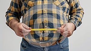 a fat man is using Waist measuring tape to measure his waist, overweight concept