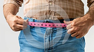 a fat man is using Waist measuring tape to measure his waist, overweight concept