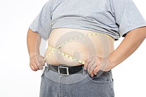 The big belly fat man standing, measuring tape around the waist.