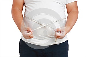 Fat man, very big belly, standing, using tape to measure waist