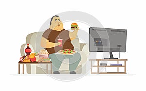 Fat man watching TV - cartoon people character isolated illustration