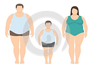 Fat man, woman and child in flat style. Obese family vector illustration.