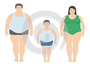 Fat man, woman and child in flat style. Obese family vector illustration. Unhealthy lifestyle concept.