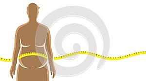 A fat man with a yellow tape measure around his body, vector illustration, isolated on background.