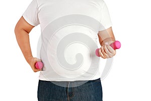 Fat men wear white shirts, carrying pink dumbbells to exercise to lose weight.