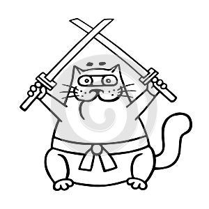 Fat ninja cat with two crossed swords. Vector illustration.