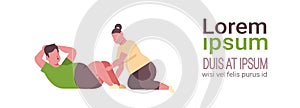 Fat obese couple doing sit-ups overweight man woman exercising together training workout weight loss concept white