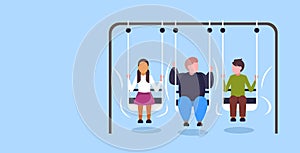 Fat obese guy swinging with friends obesity concept overweight man sitting on swing having fun flat full length