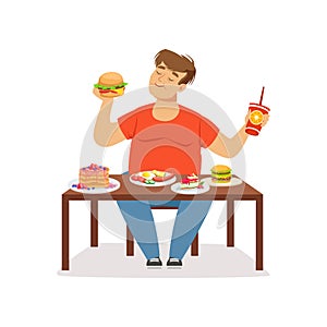 Fat obese man eating fast food, bad habit vector Illustration