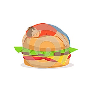 Fat obese man sleeping on a giant burger, bad habit vector Illustration