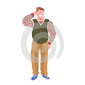 Fat obese man standing pose smiling overweight casual guy obesity concept male cartoon character full length flat white