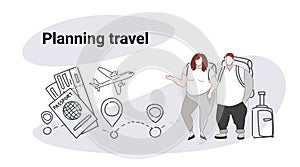 Fat obese man woman travelers standing together overweight couple planning travel concept people with baggage choosing