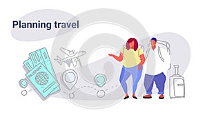 Fat obese man woman travelers standing together overweight couple planning travel concept people with baggage choosing