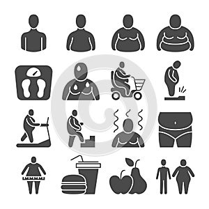 Fat obese people, overweight person vector icons